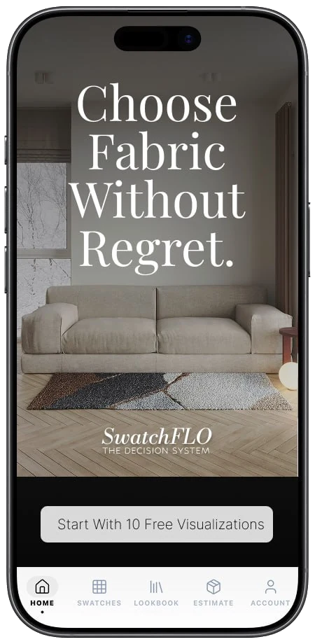 SwatchFLO home screen with neutral sofa
